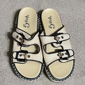 Very G Beige Buckle Slide Sandals